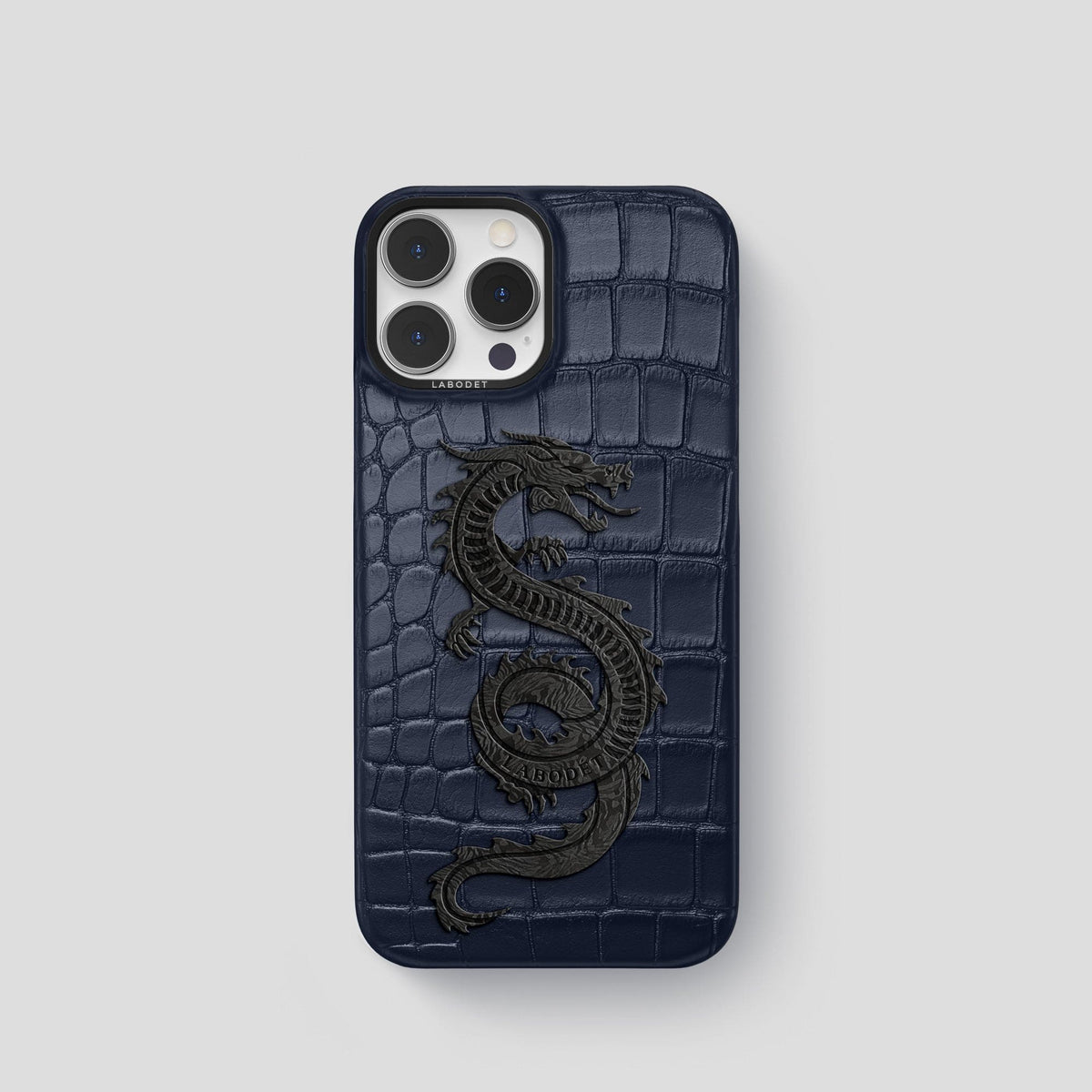 Navy Blue iPhone 13 Pro Classic Case Alligator with Black Metal -1 | Navy-Blue-Black