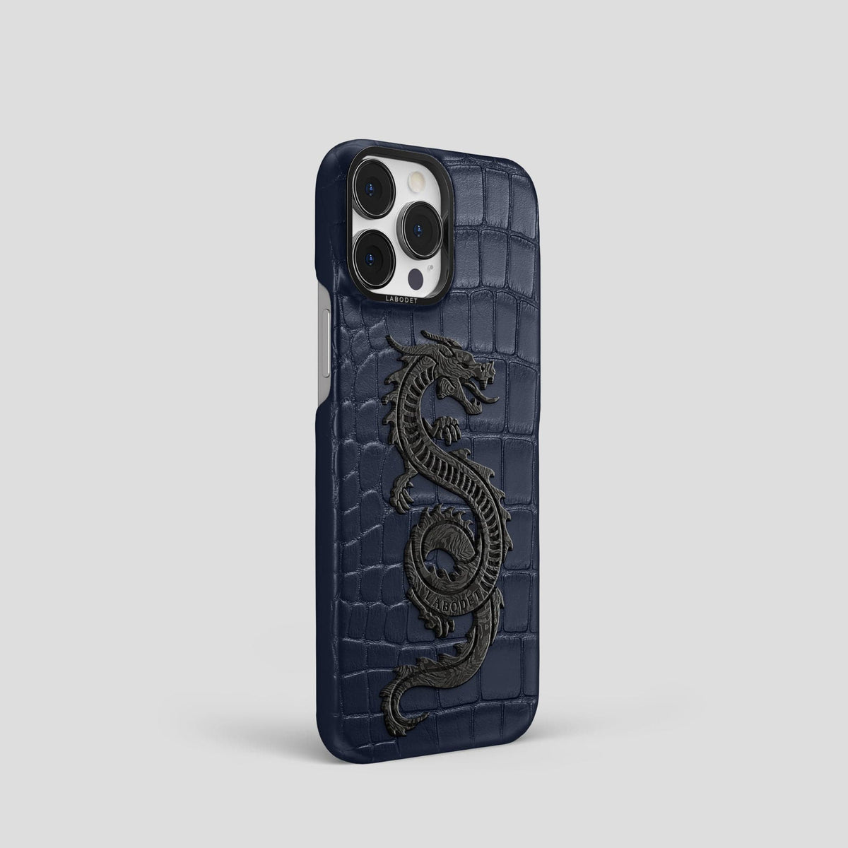 Navy Blue iPhone 13 Pro Classic Case Alligator with Black Metal -2 | Navy-Blue-Black