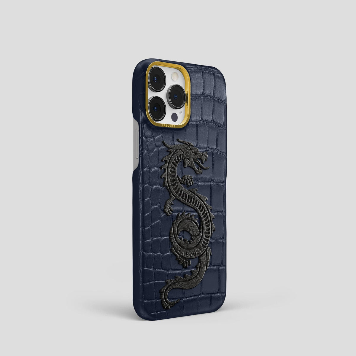 Navy Blue iPhone 13 Pro Classic Case Alligator with Gold Metal -2 | Navy-Blue-Gold