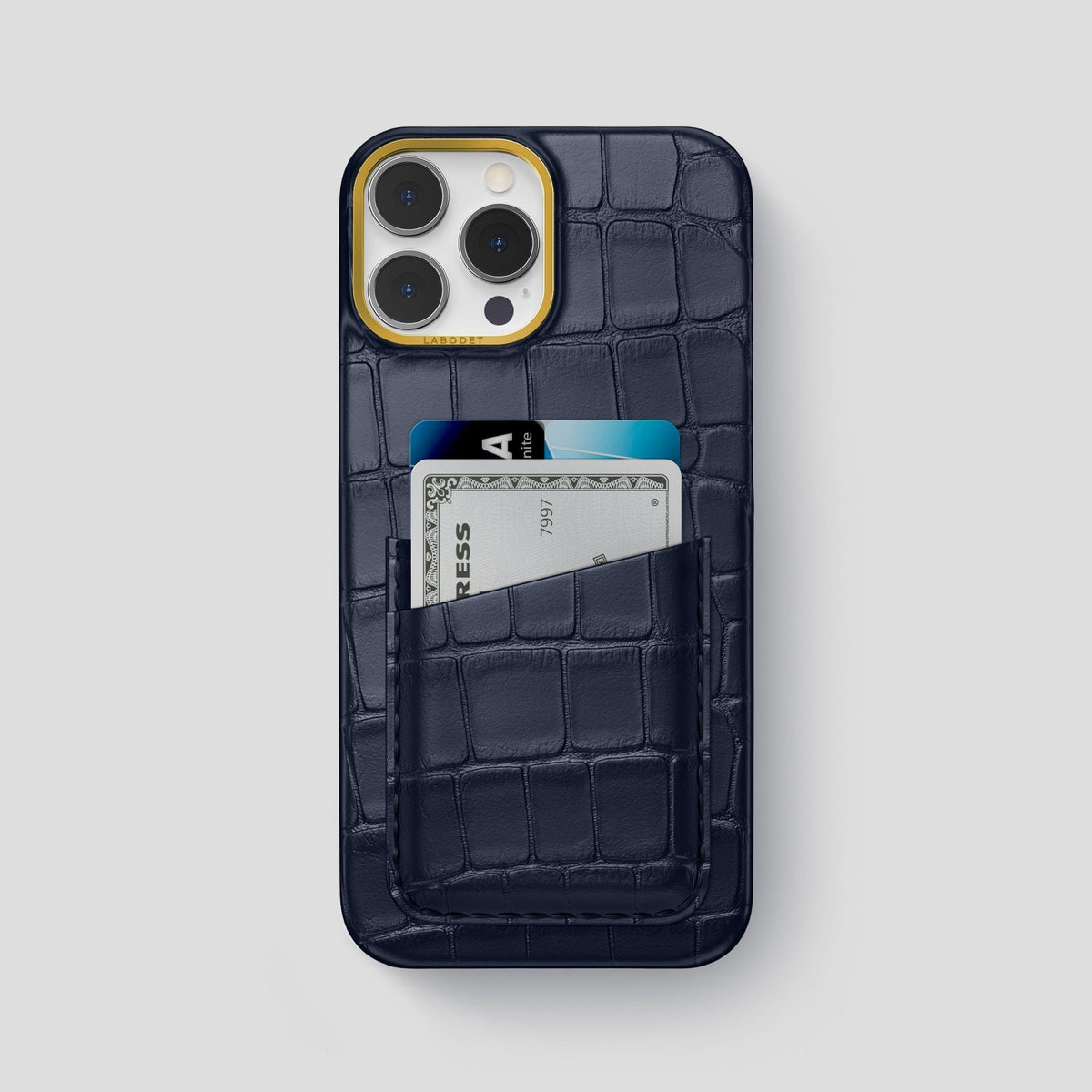 Navy Blue iPhone 13 Pro Max Card Case Alligator with Gold Metal -1 | Navy-Blue-Gold