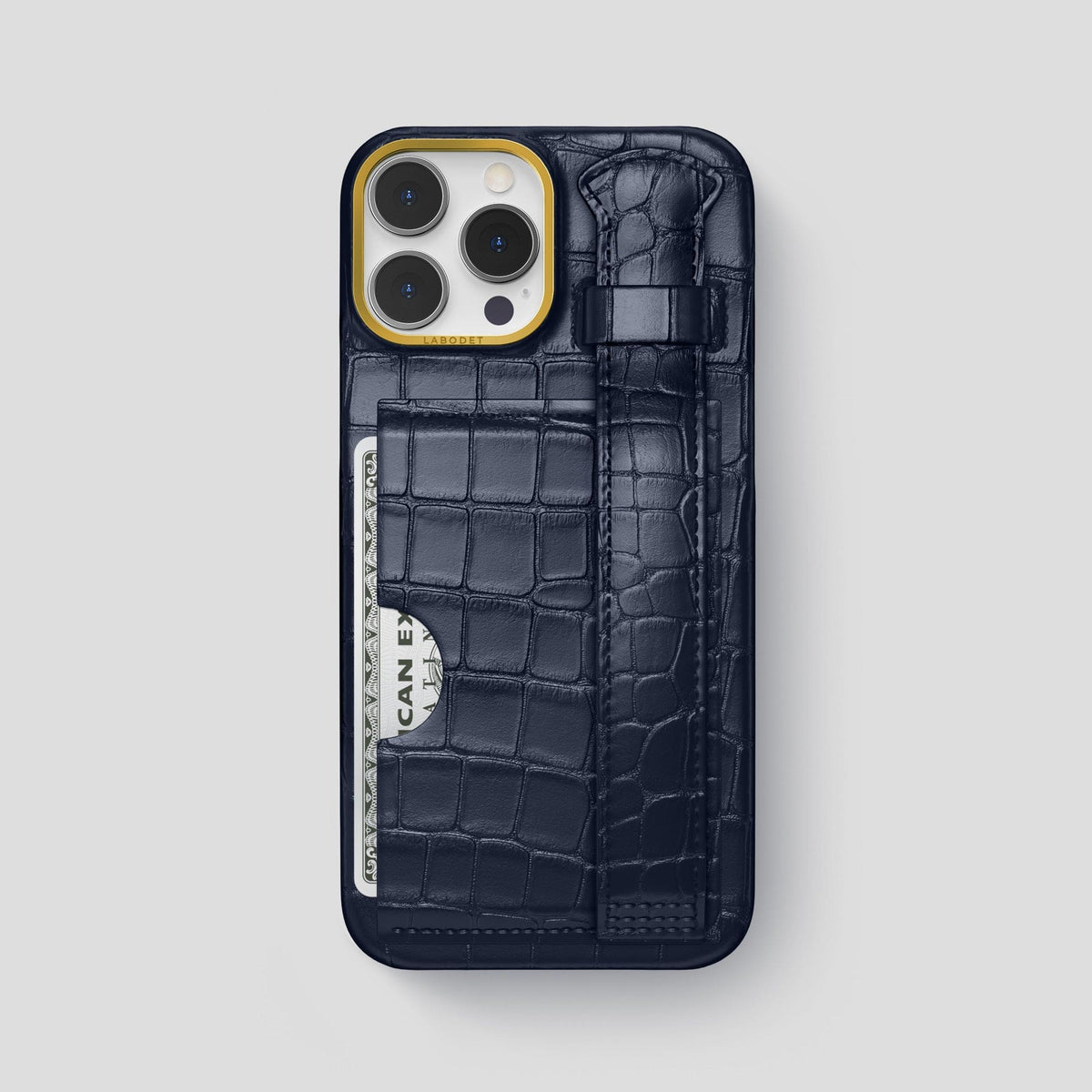 Navy Blue iPhone 13 Pro Max Cardholder Strap Case Alligator with Gold Metal -1 | Navy-Blue-Gold