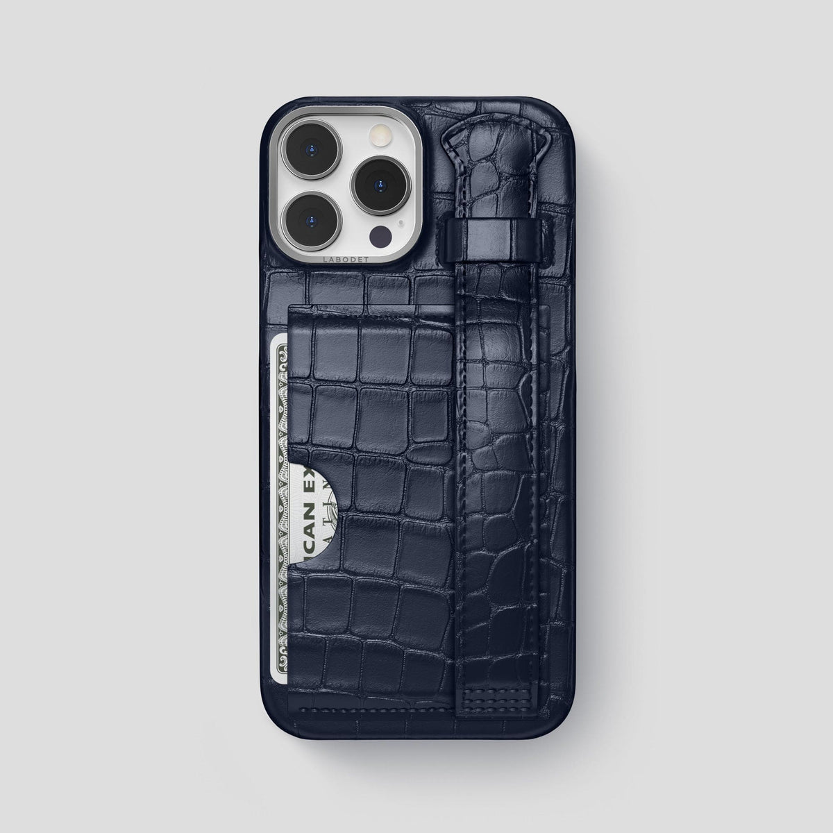 Navy Blue iPhone 13 Pro Max Cardholder Strap Case Alligator with Steel Metal -1 | Navy-Blue-Steel