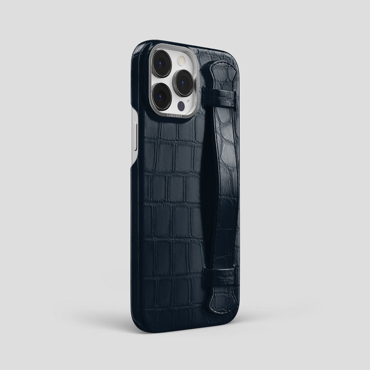 Navy Blue iPhone 13 Pro Max Strap Case Alligator with Steel Metal -2 | Navy-Blue-Steel