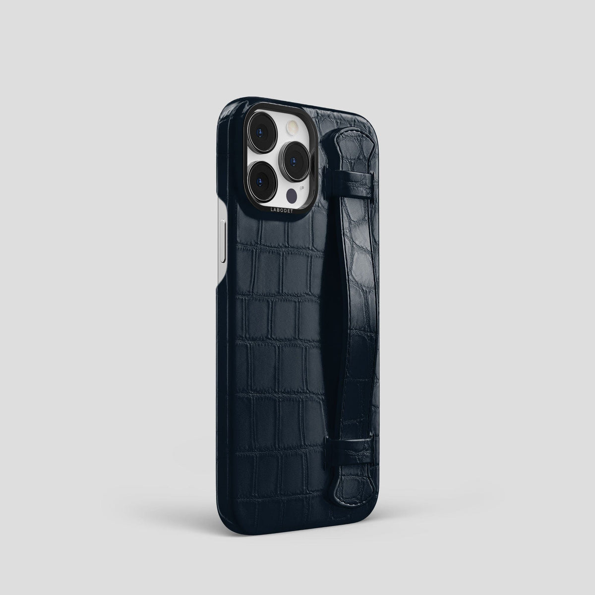 Navy Blue iPhone 13 Pro Strap Case Alligator with Black Metal -2 | Navy-Blue-Black