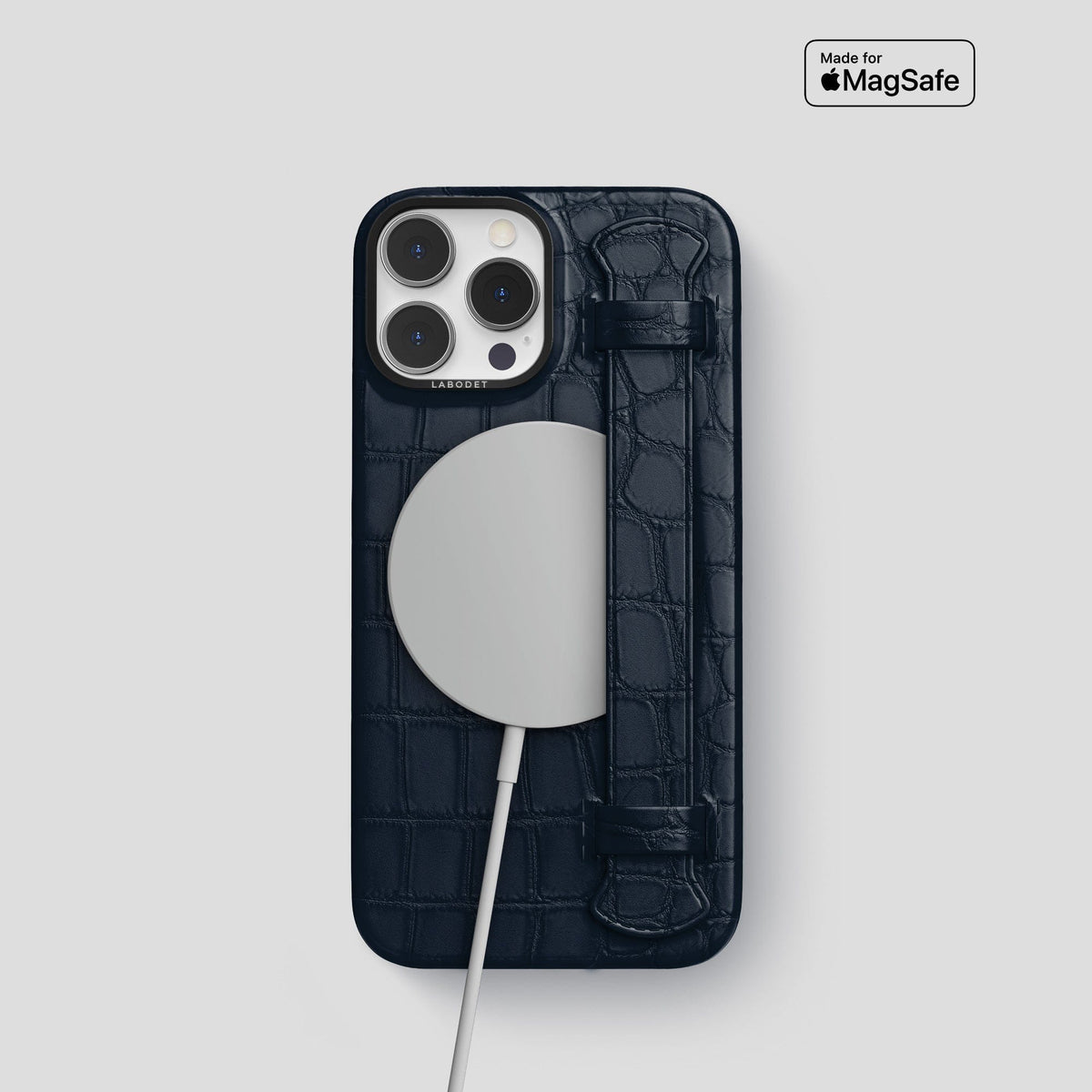 Navy Blue iPhone 13 Pro Strap Case Alligator with Black Metal -4 | Navy-Blue-Black