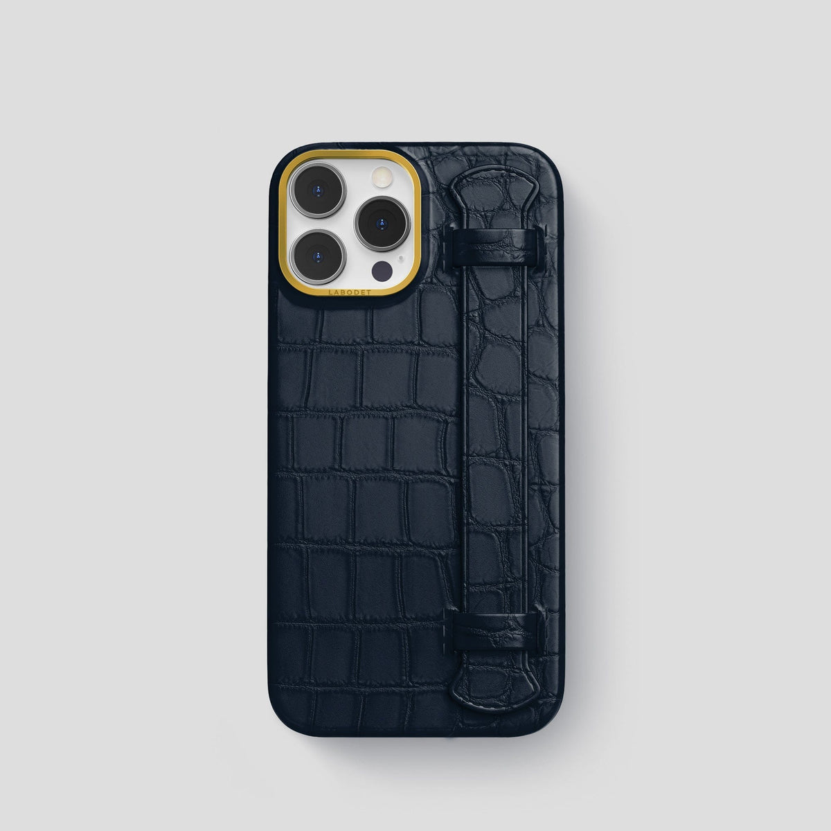 Navy Blue iPhone 13 Pro Strap Case Alligator with Gold Metal -1 | Navy-Blue-Gold