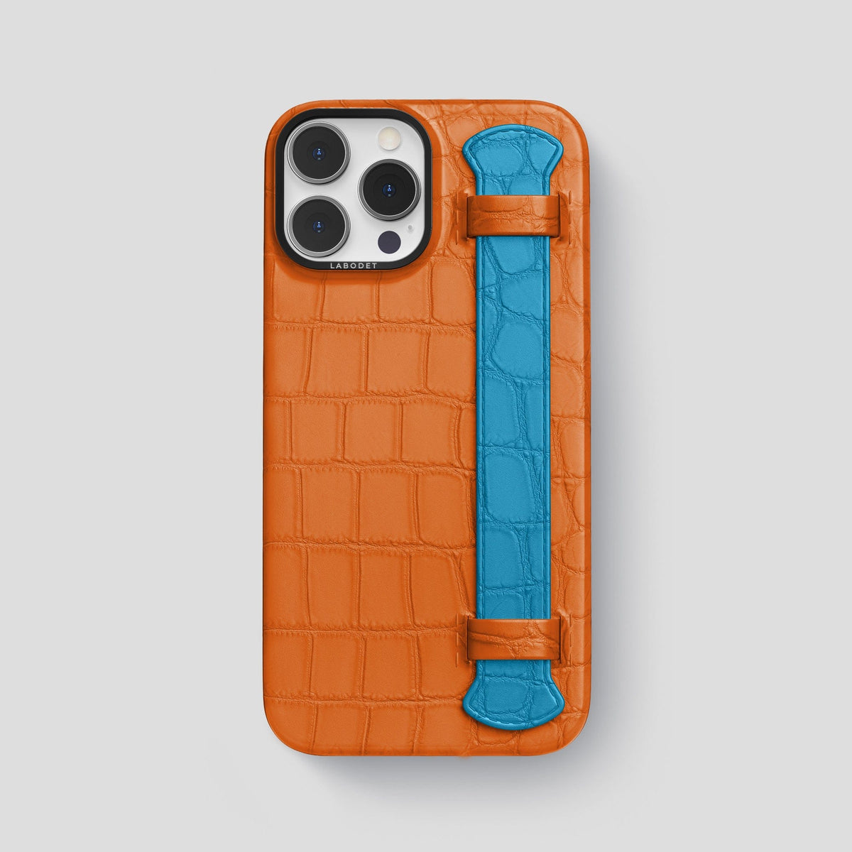 Orange-Curaçao-Blue iPhone 13 Pro Max Strap Case Alligator with Black Metal -1 | Orange-Curaçao-Blue-Black