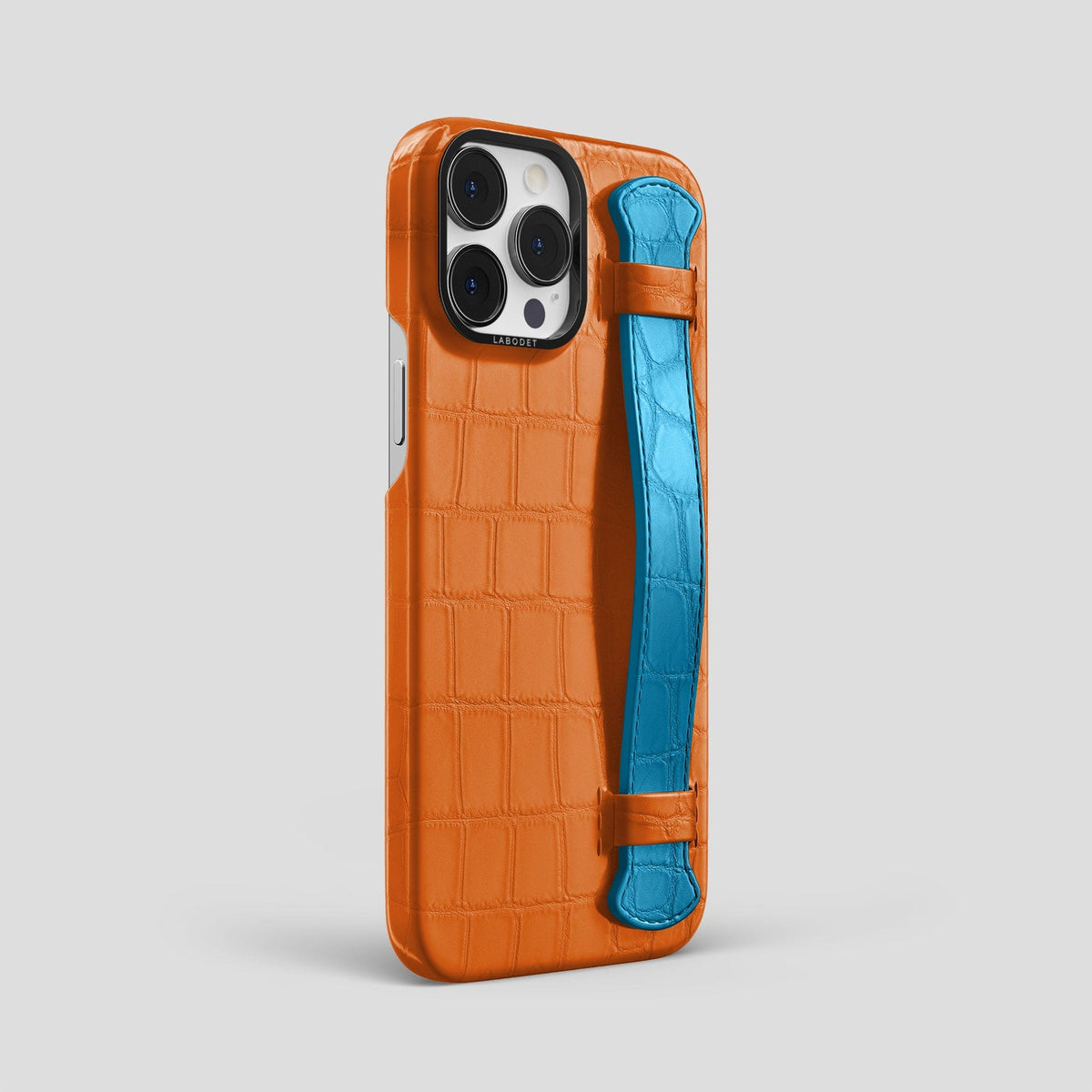 Orange-Curaçao-Blue iPhone 13 Pro Max Strap Case Alligator with Black Metal -2 | Orange-Curaçao-Blue-Black