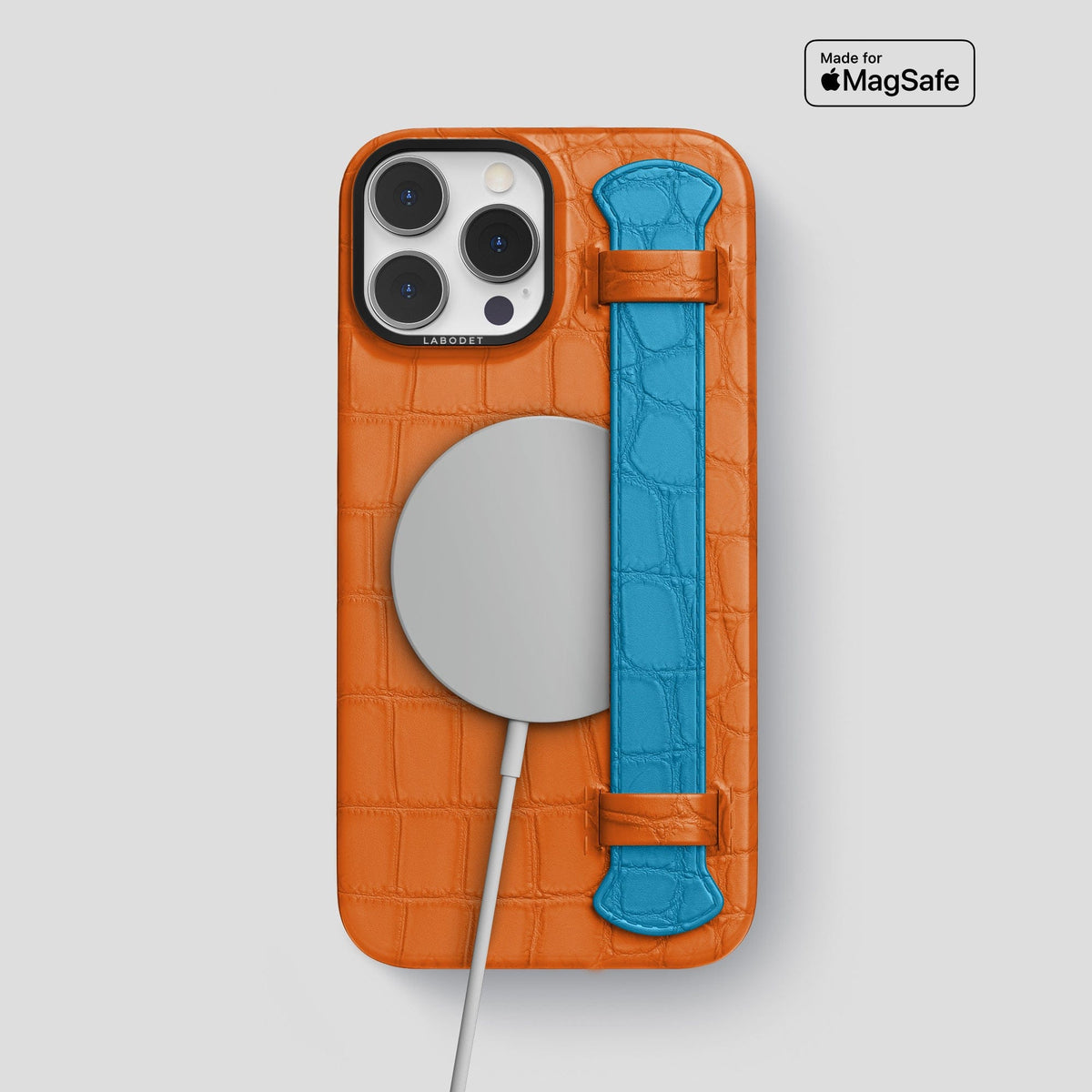 Orange-Curaçao-Blue iPhone 13 Pro Max Strap Case Alligator with Black Metal -4 | Orange-Curaçao-Blue-Black
