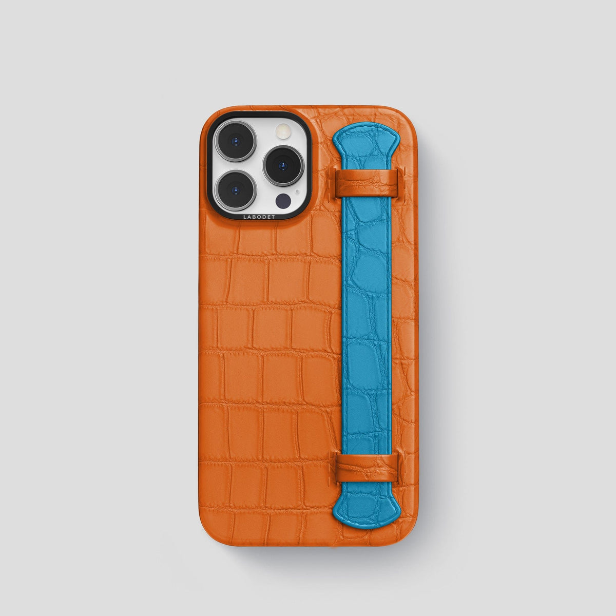 Orange-Curaçao-Blue iPhone 13 Pro Strap Case Alligator with Black Metal -1 | Orange-Curaçao-Blue-Black