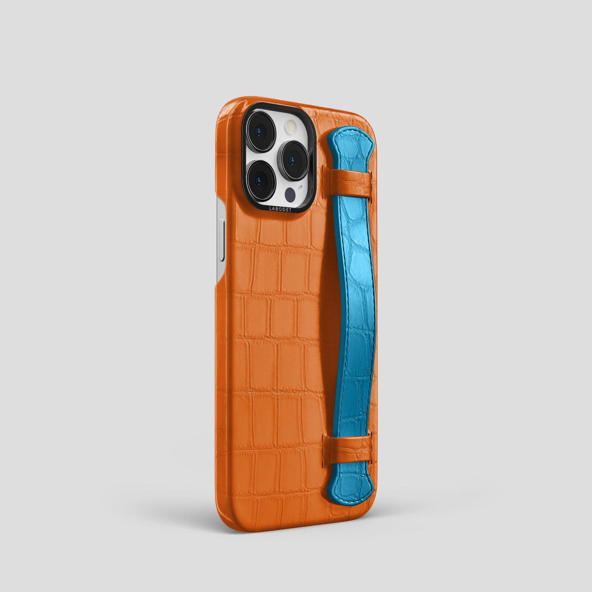 Orange-Curaçao-Blue iPhone 13 Pro Strap Case Alligator with Black Metal -2 | Orange-Curaçao-Blue-Black