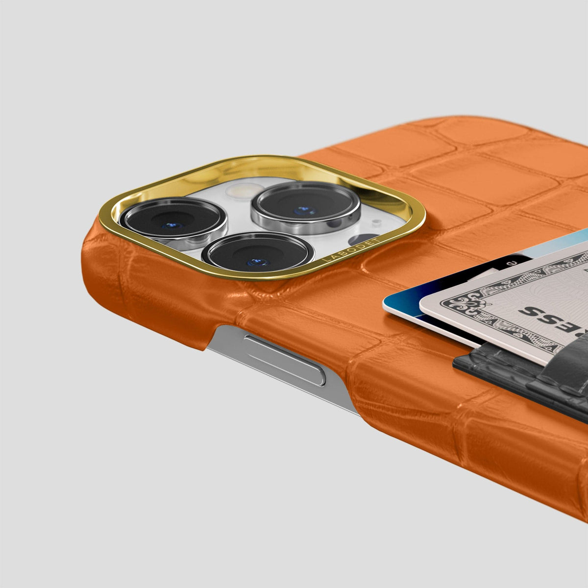 Orange-Grey iPhone 13 Pro Card Case Alligator with Gold Metal -5 | Orange-Grey-Gold