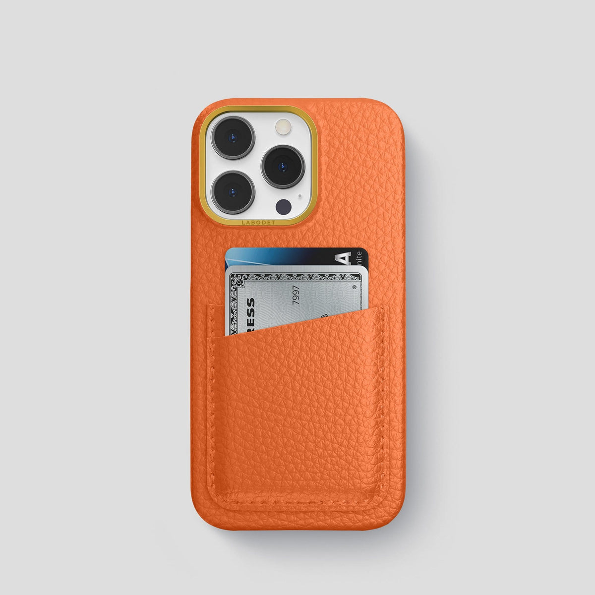 Orange iPhone 13 Pro Card Case Calf with Gold Metal -1 | Orange-Gold