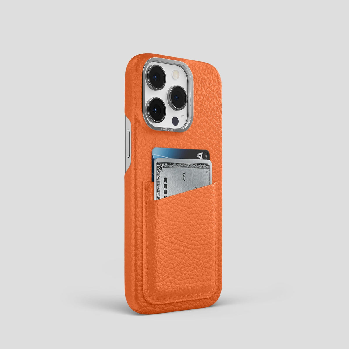 Orange iPhone 13 Pro Card Case Calf with Steel Metal -2 | Orange-Steel
