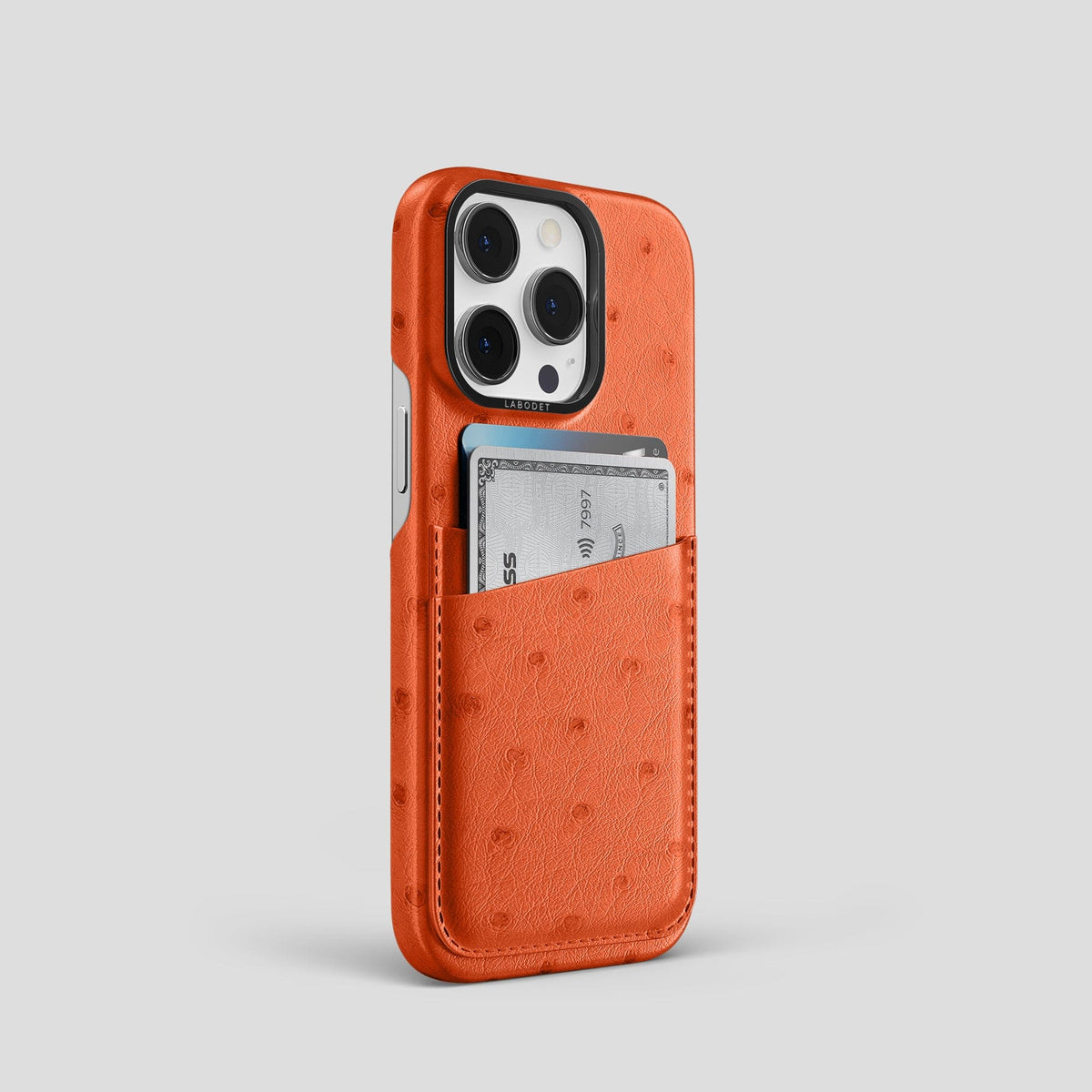 Orange iPhone 13 Pro Card Case Ostrich with Black Metal -2 | Orange-Black