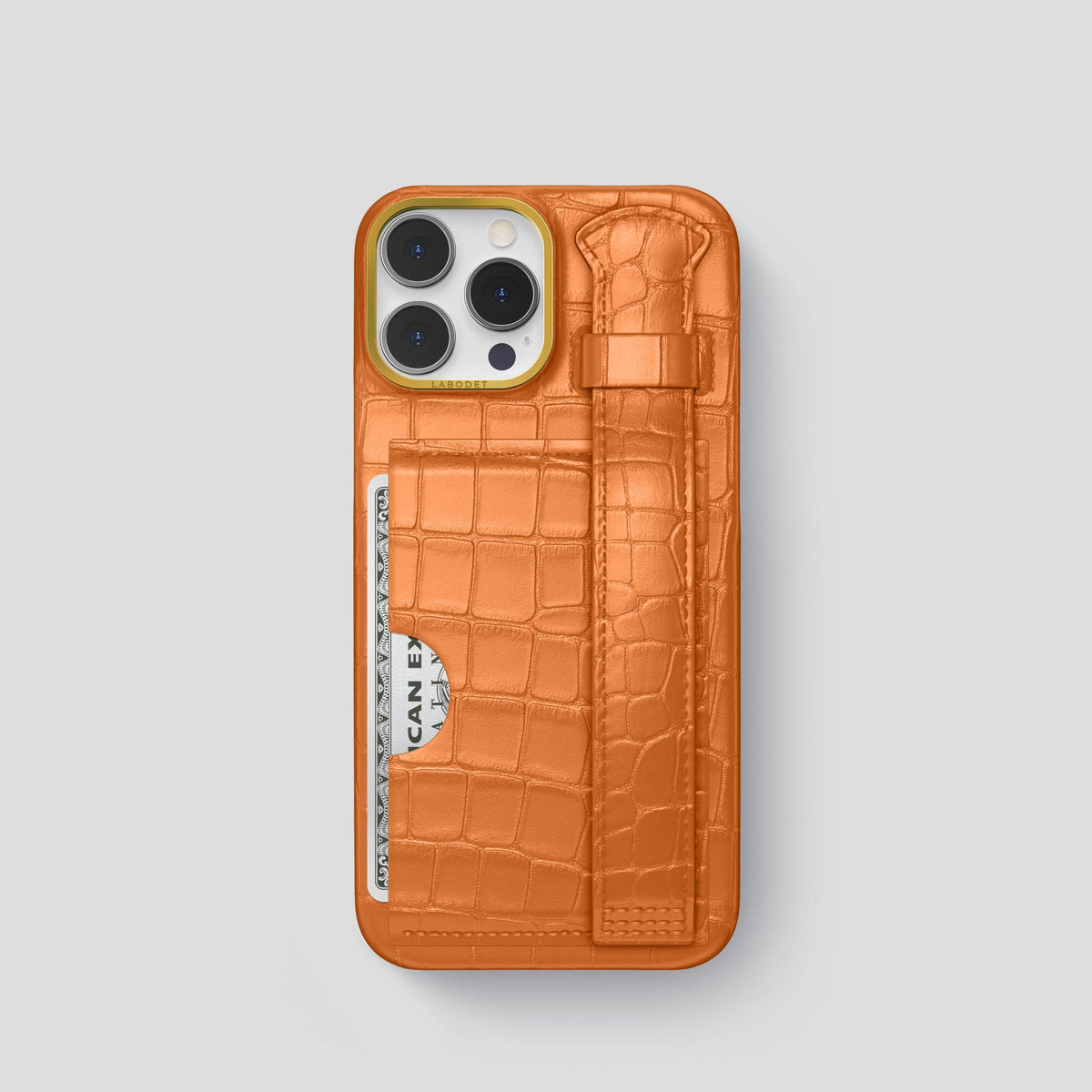 Orange iPhone 13 Pro Cardholder Strap Case Alligator with Gold Metal -1 | Orange-Gold