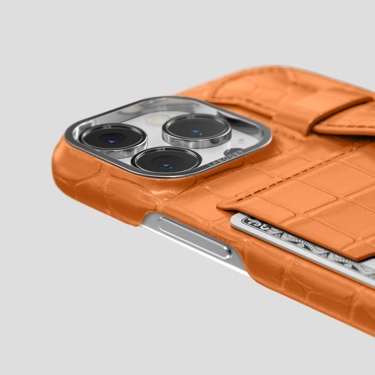 Orange iPhone 13 Pro Cardholder Strap Case Alligator with Steel Metal -5 | Orange-Steel