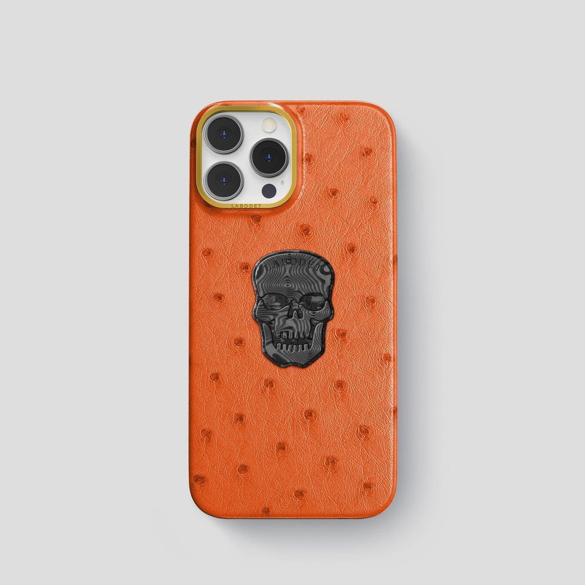 Orange iPhone 13 Pro Classic Case Ostrich with Gold Metal -1 | Orange-Gold
