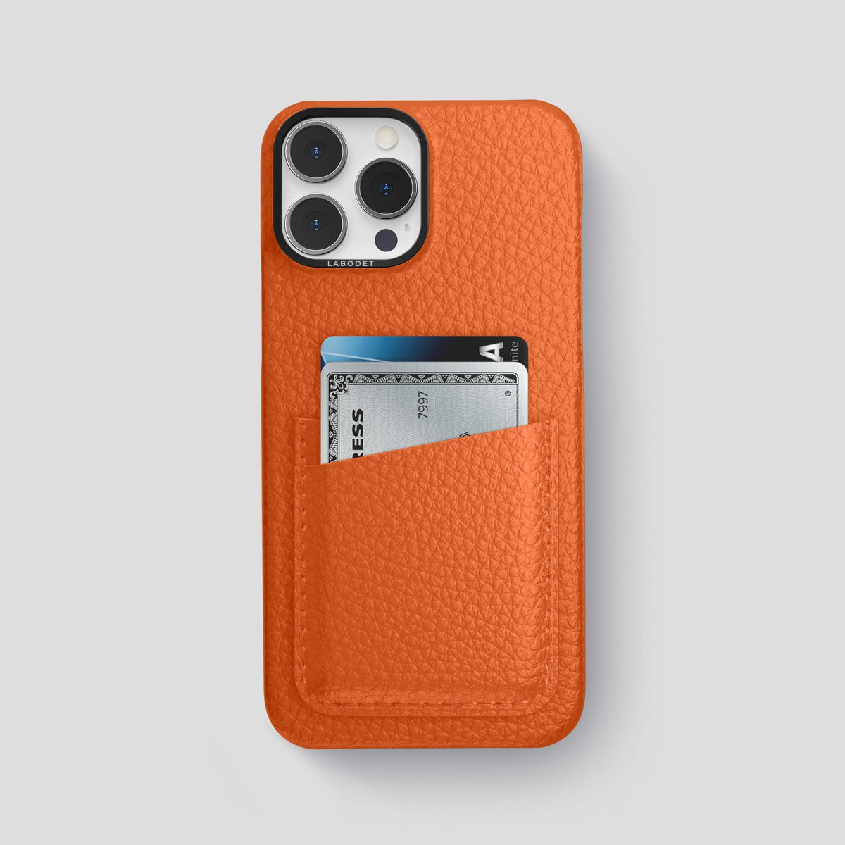 Orange iPhone 13 Pro Max Card Case Calf with Black Metal -1 | Orange-Black