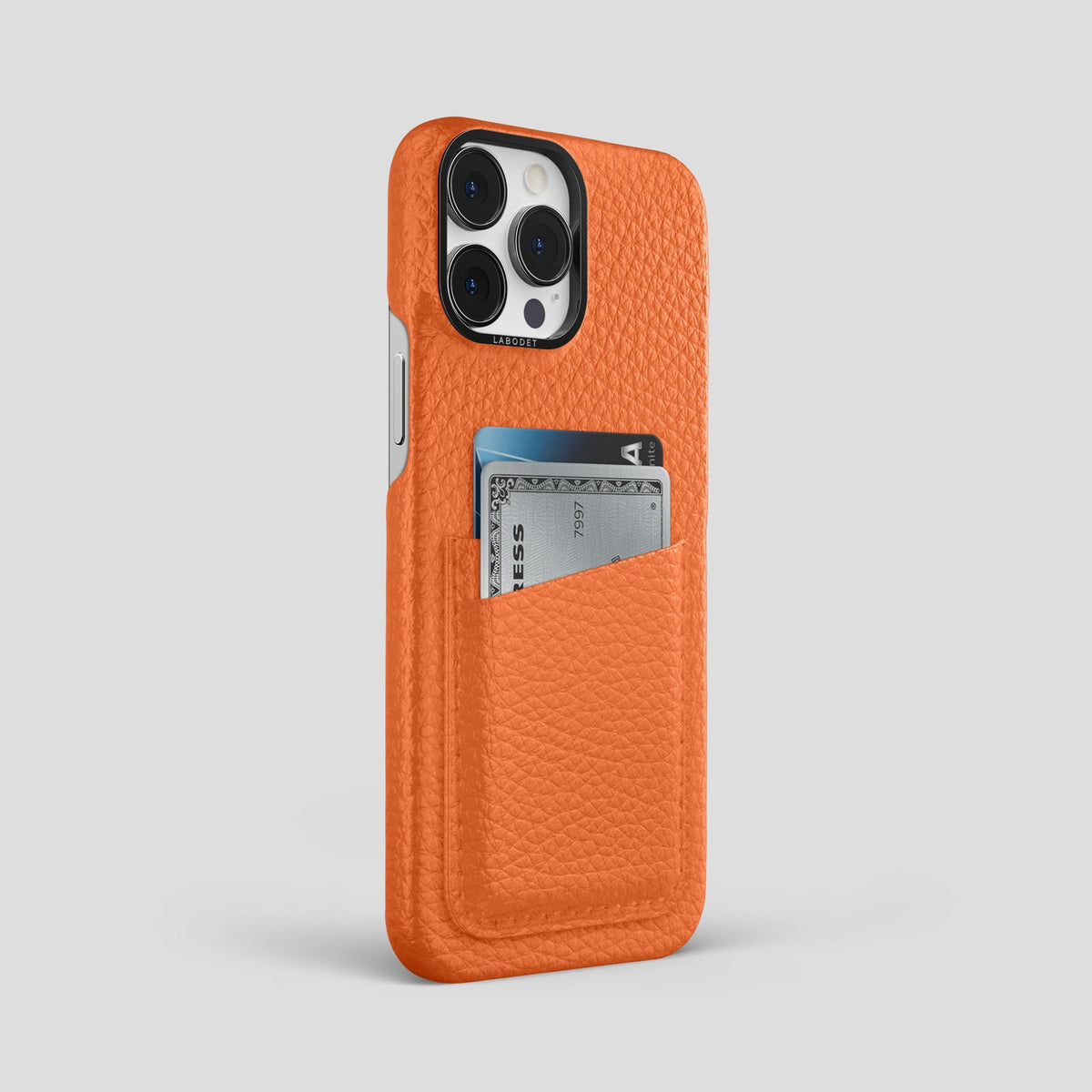 Orange iPhone 13 Pro Max Card Case Calf with Black Metal -2 | Orange-Black
