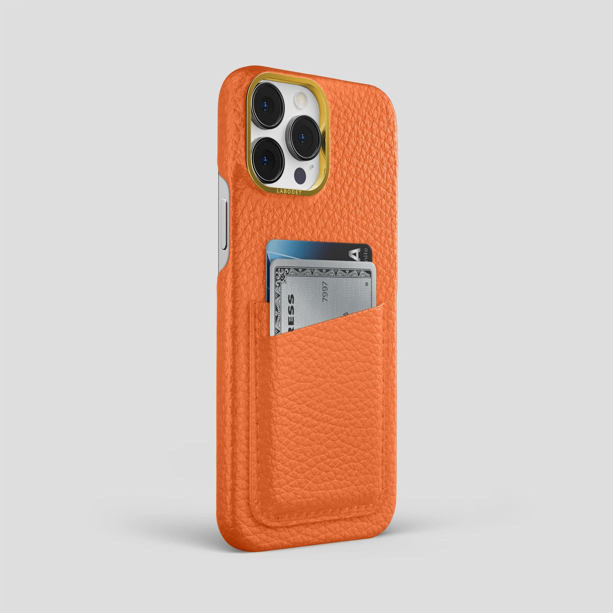 Orange iPhone 13 Pro Max Card Case Calf with Gold Metal -2 | Orange-Gold