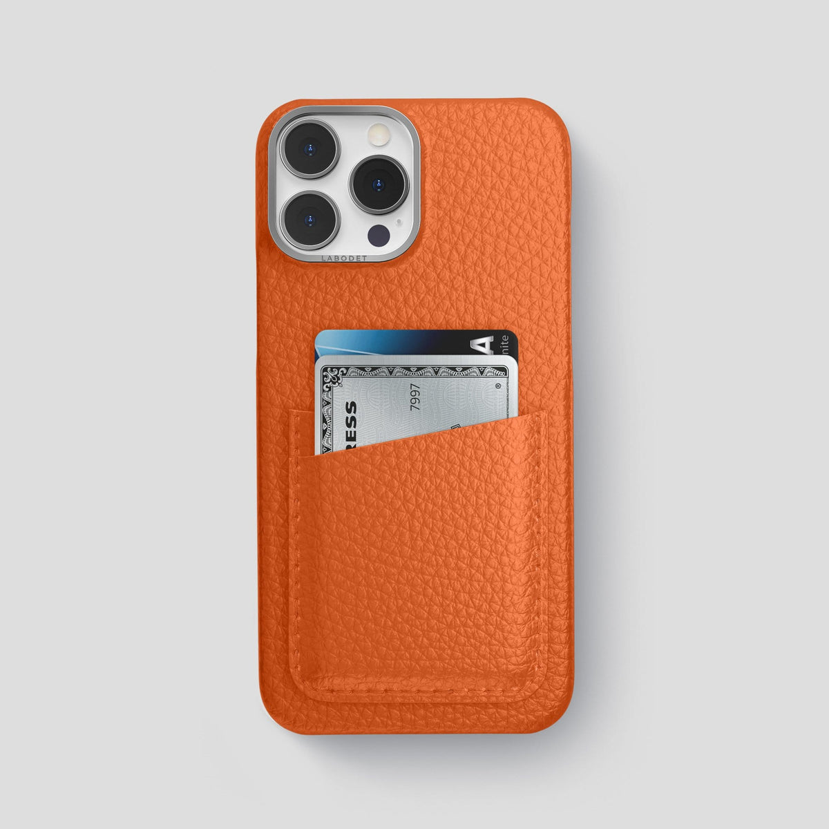 Orange iPhone 13 Pro Max Card Case Calf with Steel Metal -1 | Orange-Steel
