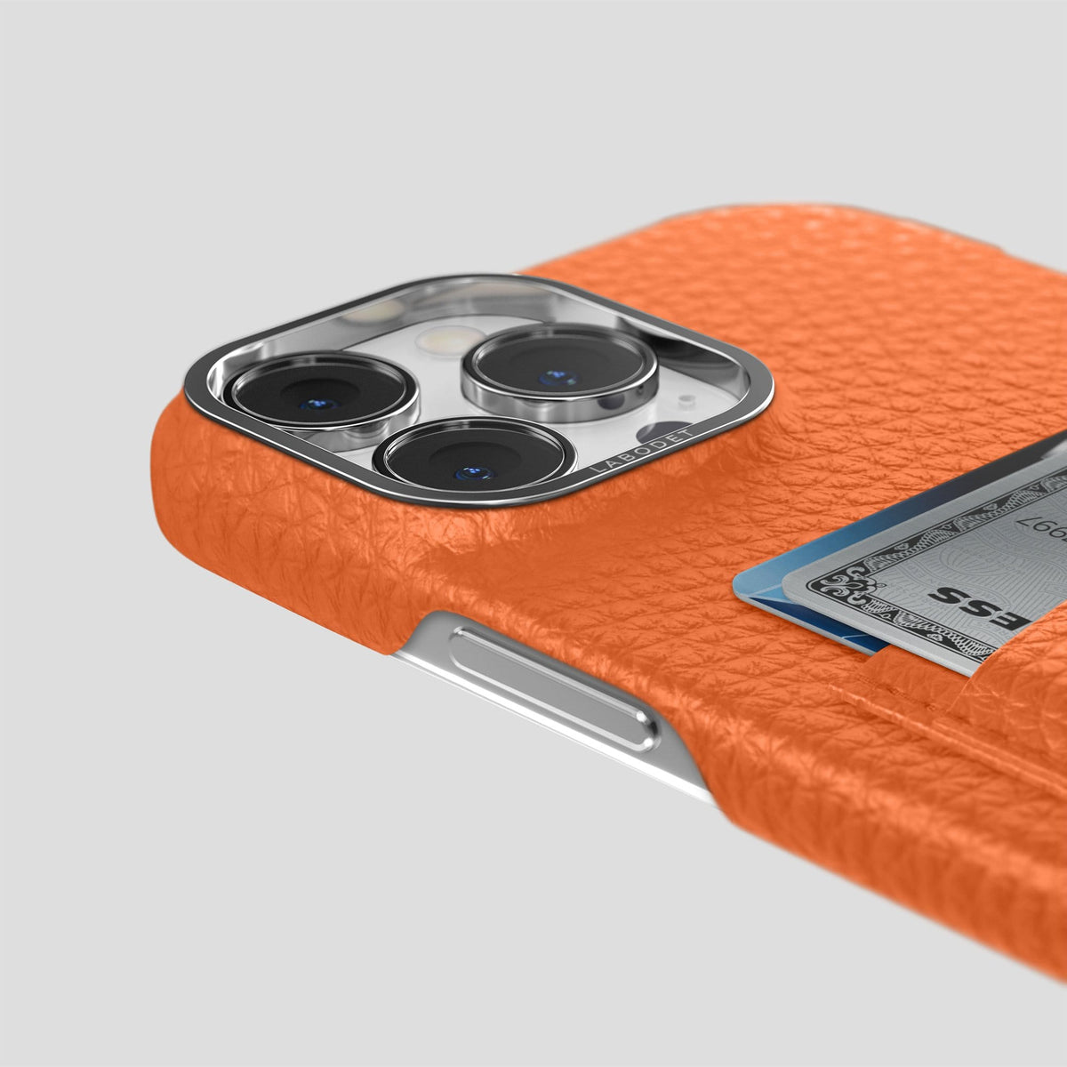 Orange iPhone 13 Pro Max Card Case Calf with Steel Metal -5 | Orange-Steel