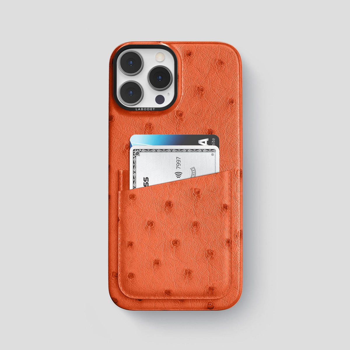 Orange iPhone 13 Pro Card Case Ostrich with Black Metal -1 | Orange-Black