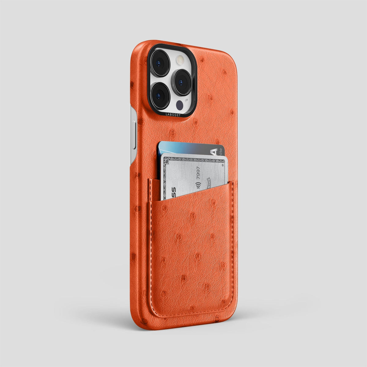 Orange iPhone 13 Pro Card Case Ostrich with Black Metal -2 | Orange-Black