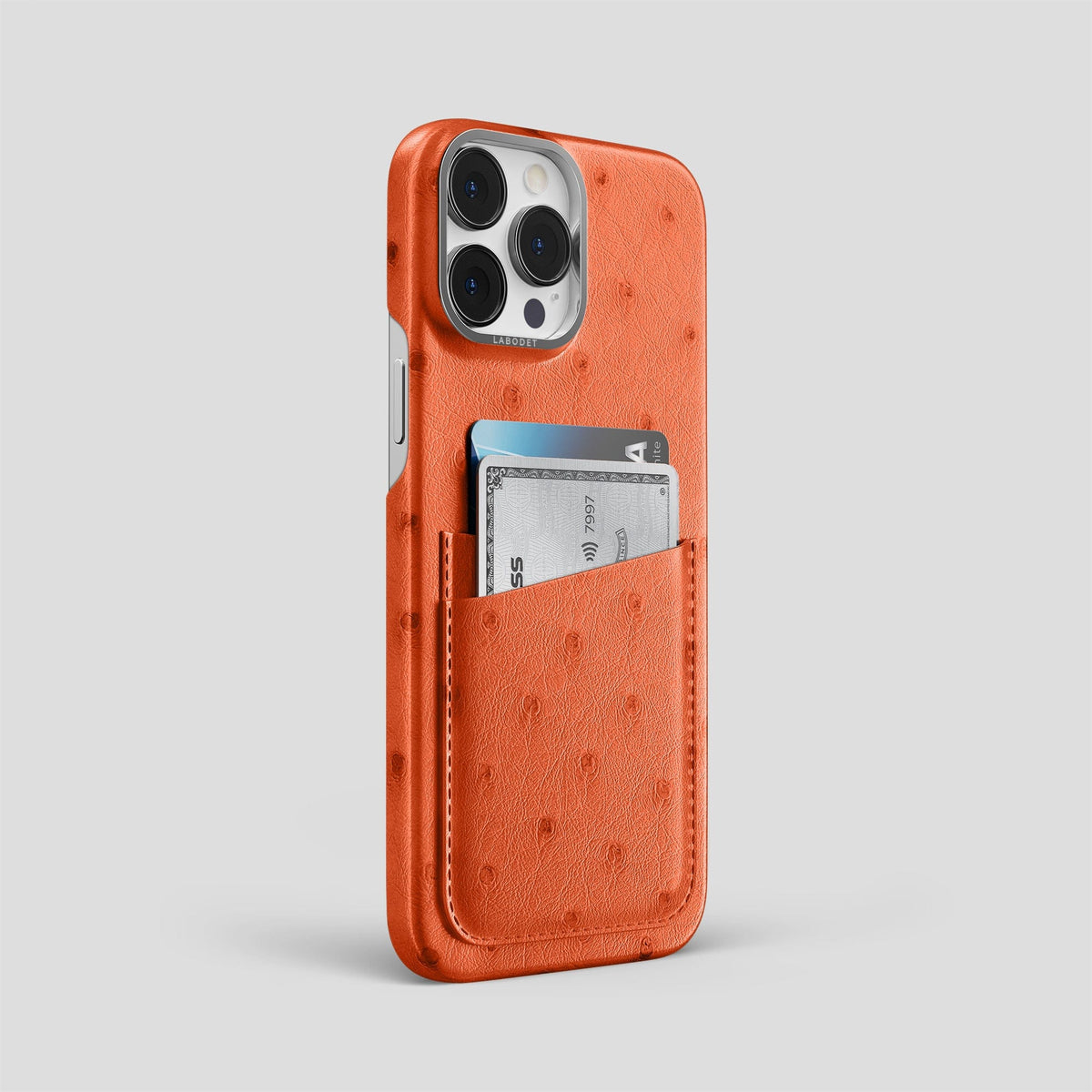 Orange iPhone 13 Pro Card Case Ostrich with Steel Metal -2 | Orange-Steel