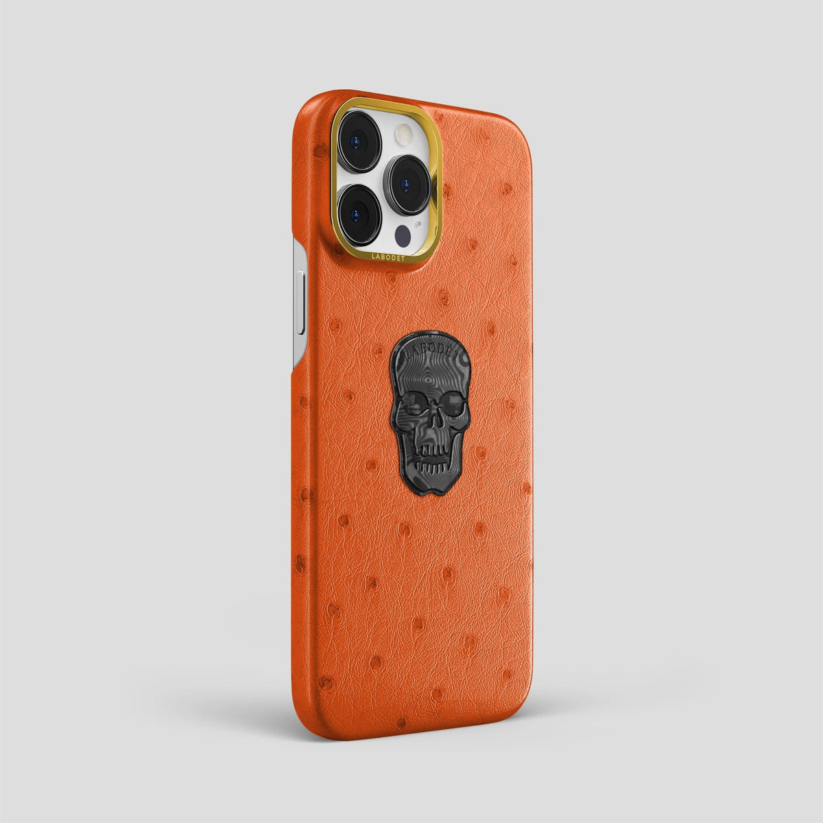Orange iPhone 13 Pro Classic Case Ostrich with Gold Metal -2 | Orange-Gold