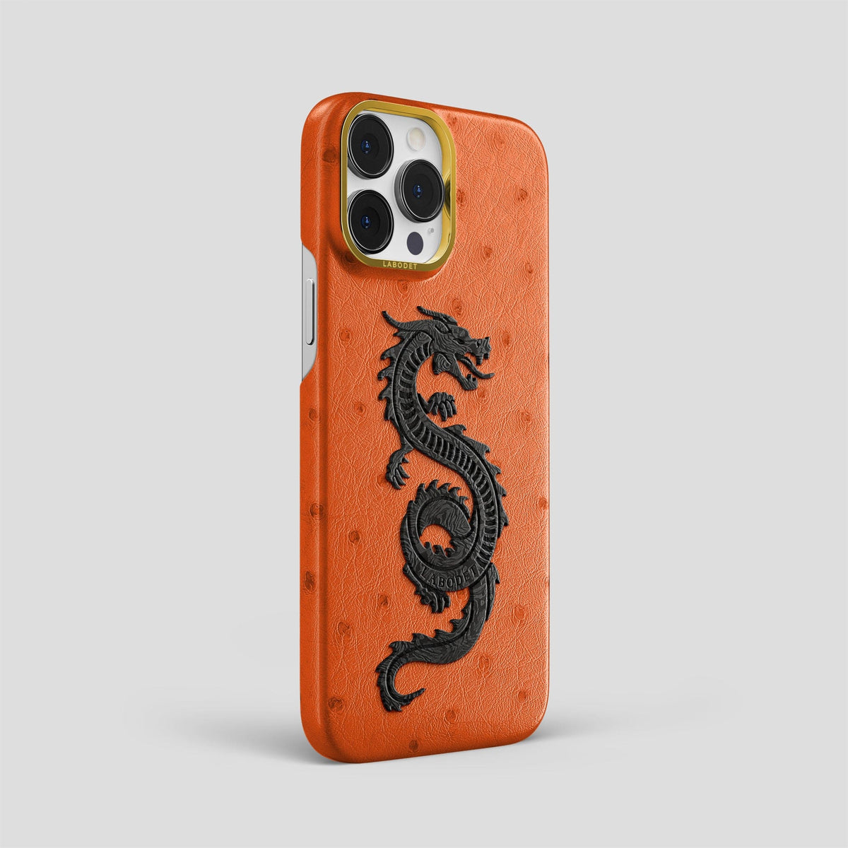 Orange iPhone 13 Pro Max Classic Case Ostrich with Gold Metal -2 | Orange-Gold