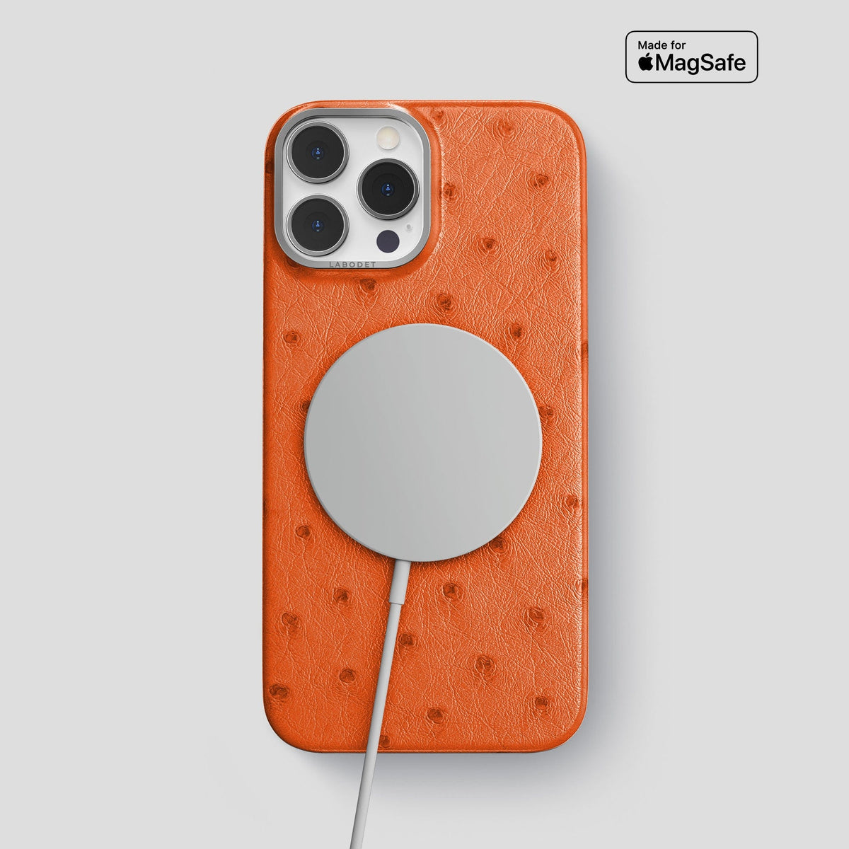 Orange iPhone 13 Pro Max Classic Case Ostrich with Steel Metal -5 | Orange-Steel