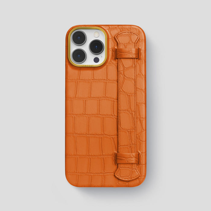 Orange iPhone 13 Pro Max Strap Case Alligator with Gold Metal -1 | Orange-Gold