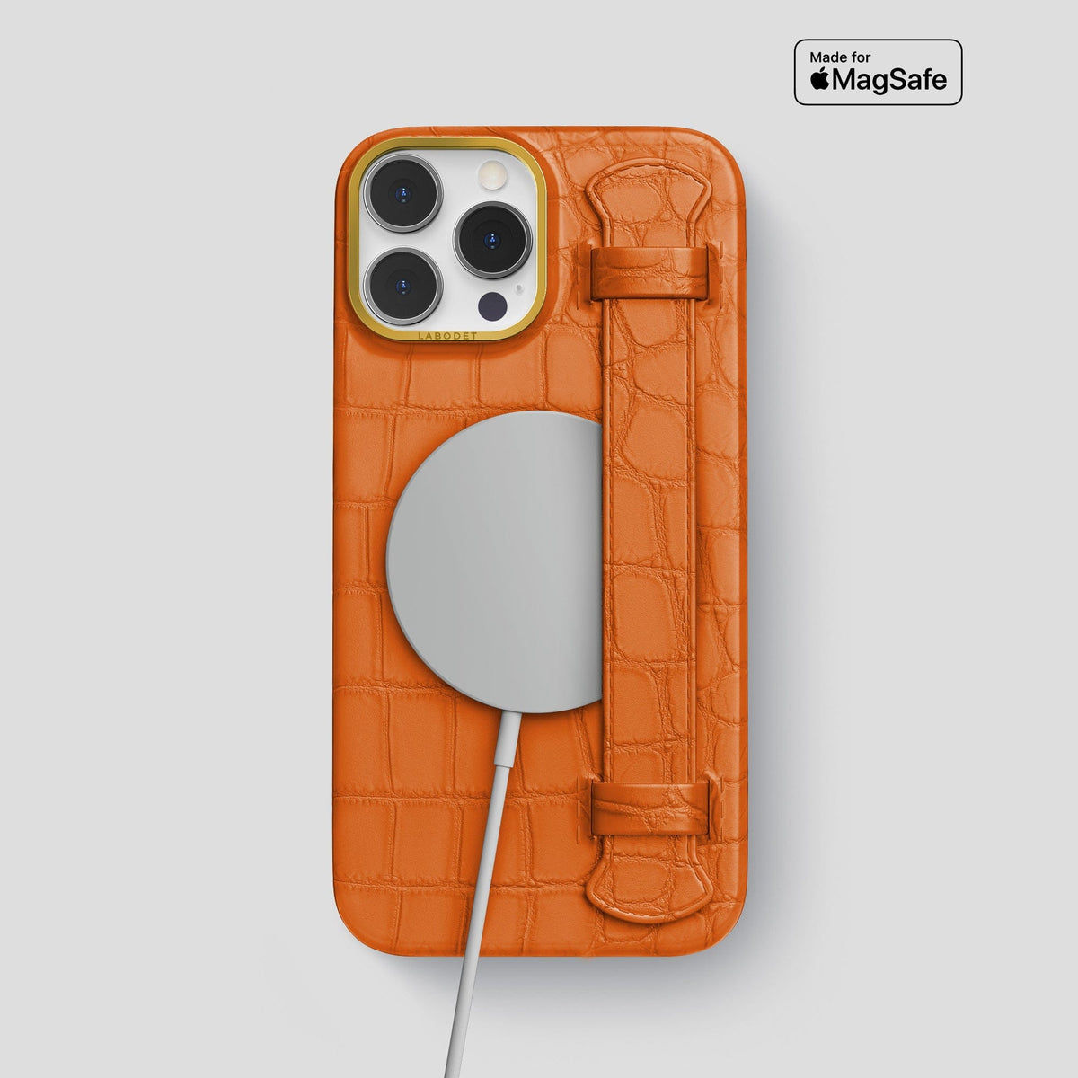 Orange iPhone 13 Pro Max Strap Case Alligator with Gold Metal -4 | Orange-Gold