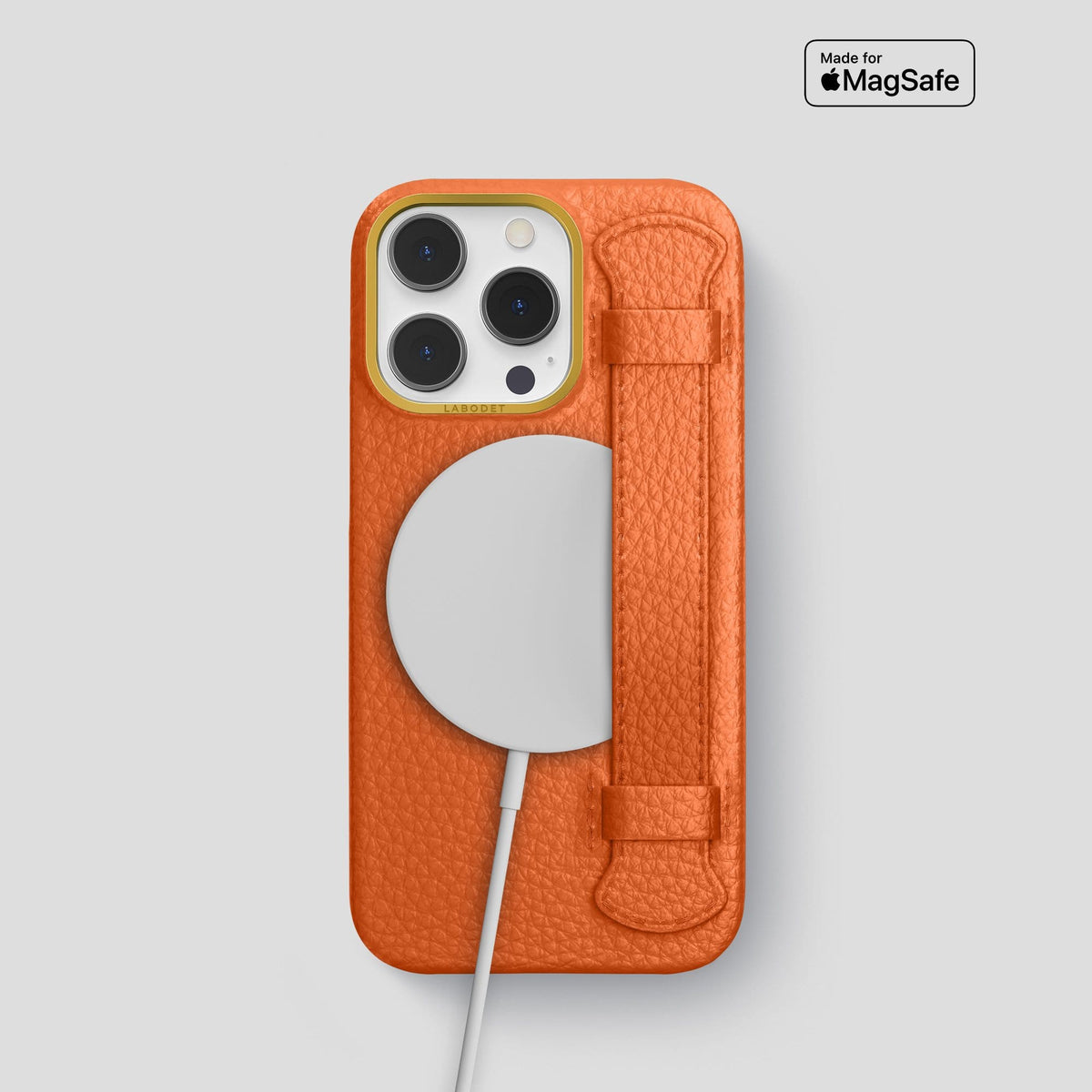 Orange iPhone 13 Pro Strap Case Calf with Gold Metal -5 | Orange-Gold