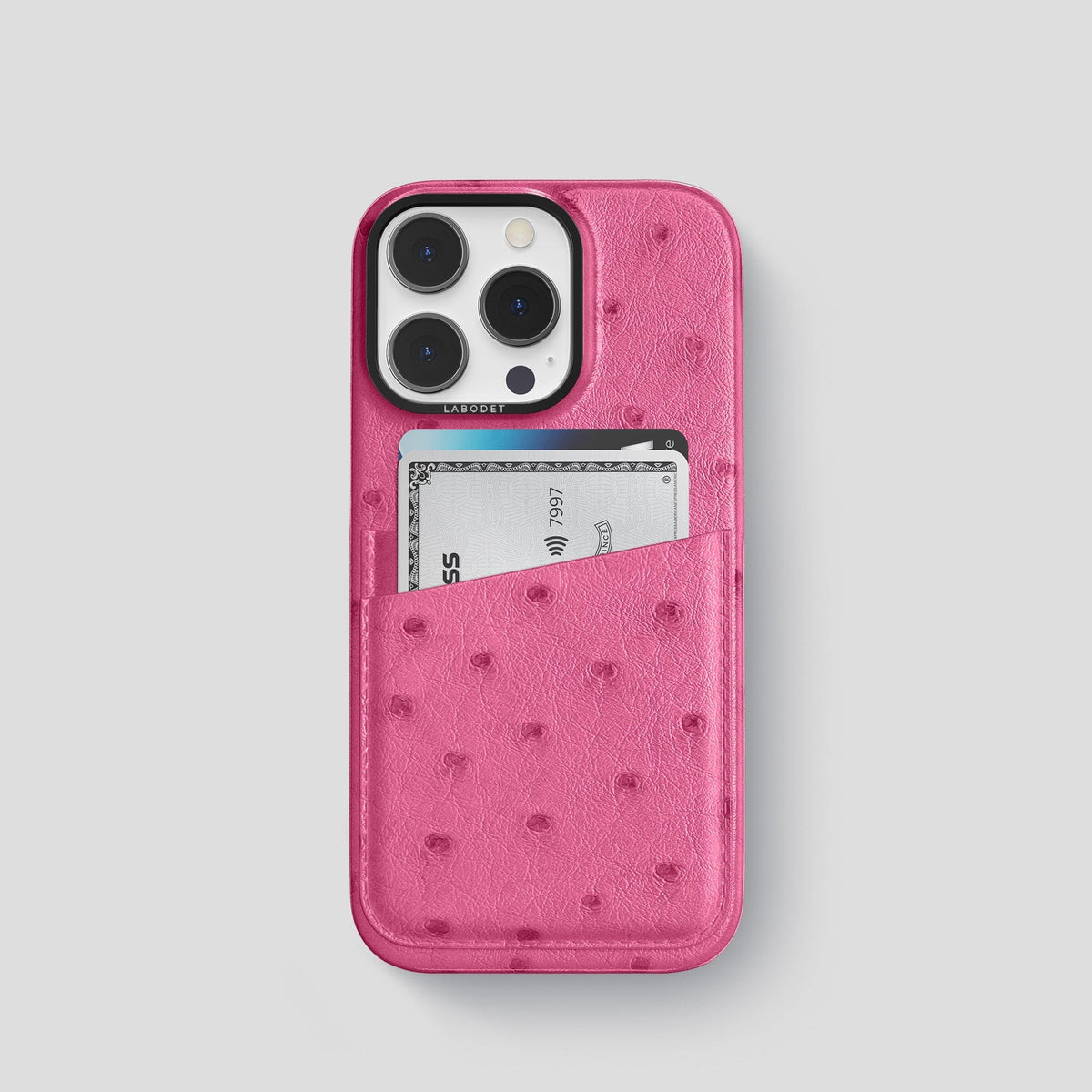 Petal Pink iPhone 13 Pro Card Case Ostrich with Black Metal -1 | Petal-Pink-Black
