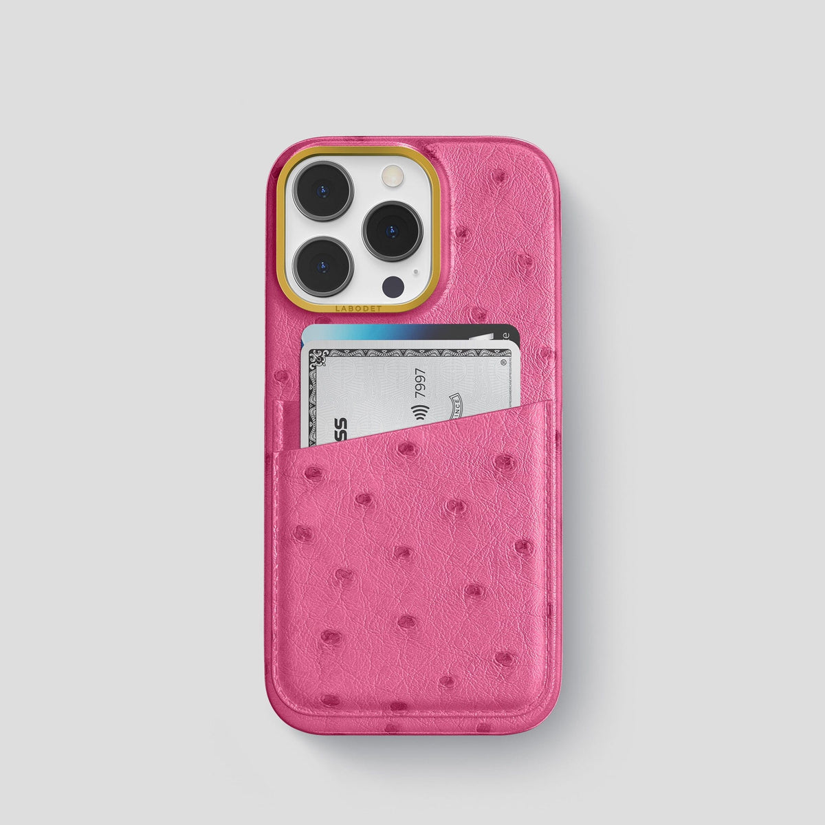 Petal Pink iPhone 13 Pro Card Case Ostrich with Gold Metal -1 | Petal-Pink-Gold