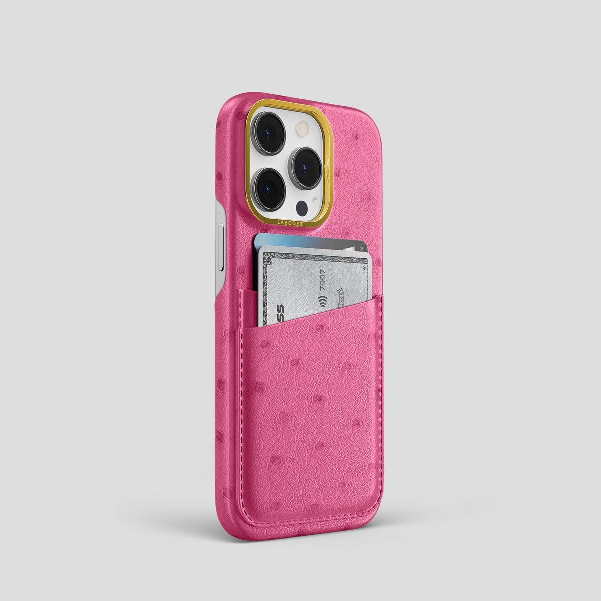 Petal Pink iPhone 13 Pro Card Case Ostrich with Gold Metal -2 | Petal-Pink-Gold