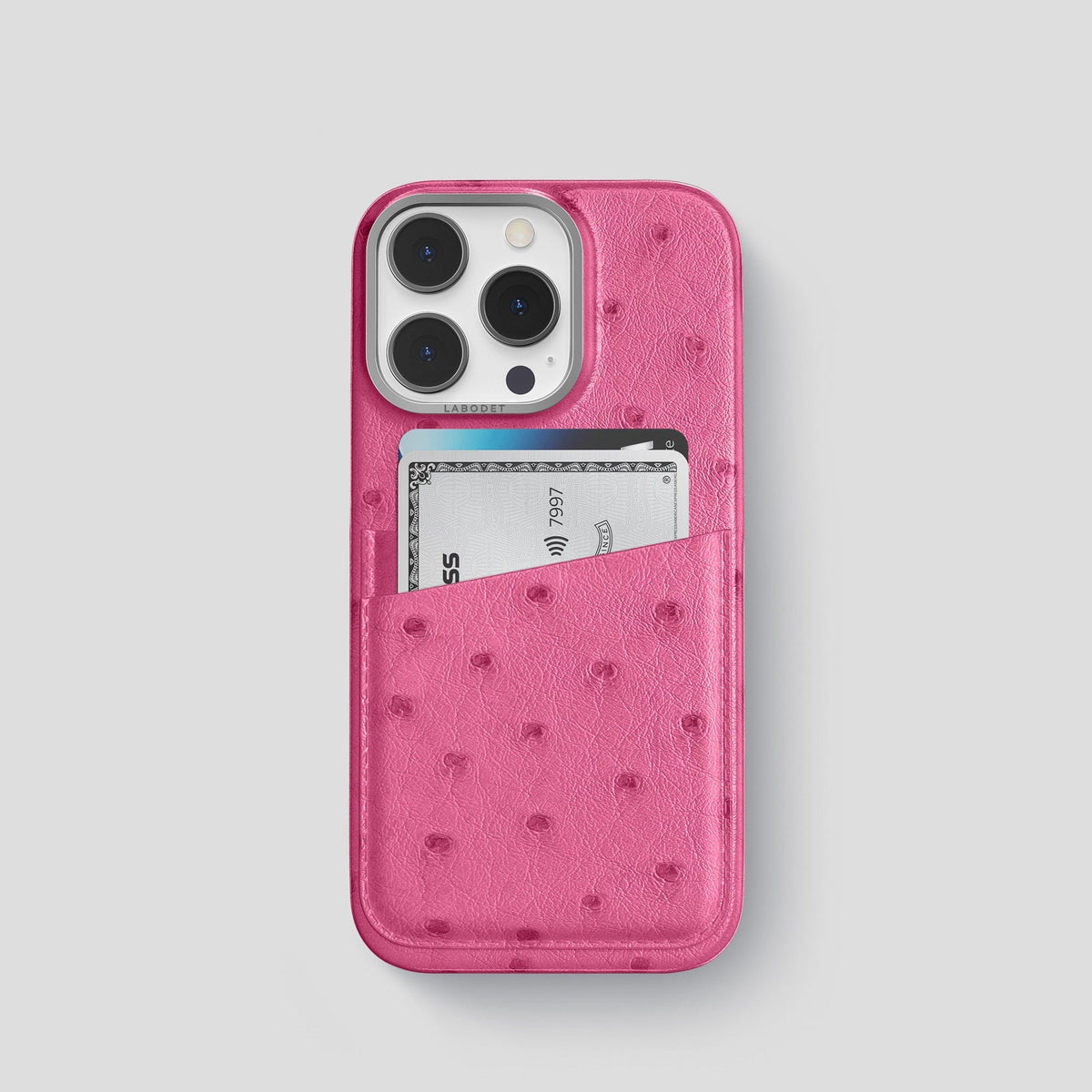 Petal Pink iPhone 13 Pro Card Case Ostrich with Steel Metal -1 | Petal-Pink-Steel