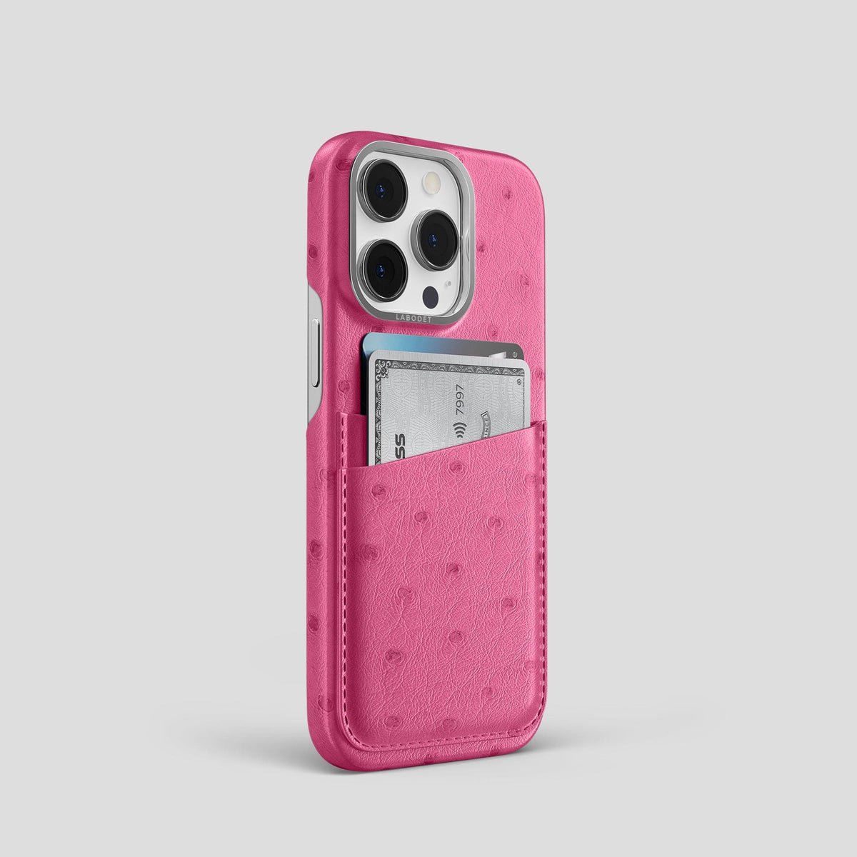 Petal Pink iPhone 13 Pro Card Case Ostrich with Steel Metal -2 | Petal-Pink-Steel