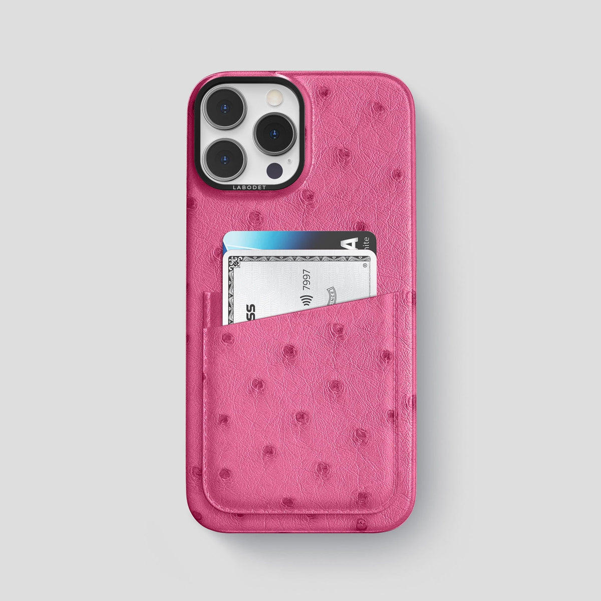 Petal Pink iPhone 13 Pro Card Case Ostrich with Black Metal -1 | Petal-Pink-Black