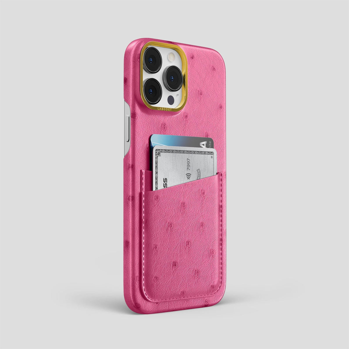 Petal Pink iPhone 13 Pro Card Case Ostrich with Gold Metal -2 | Petal-Pink-Gold