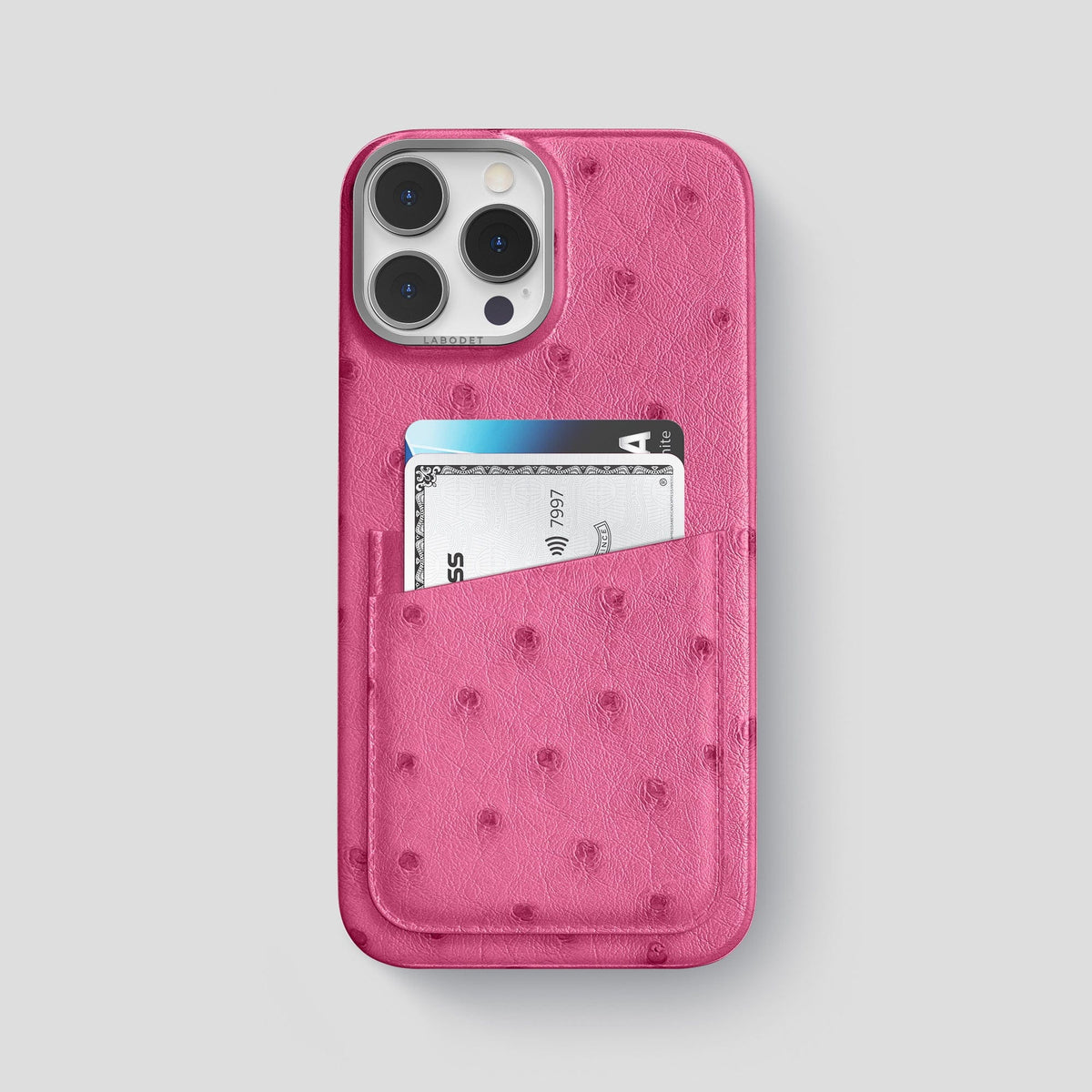 Petal Pink iPhone 13 Pro Card Case Ostrich with Steel Metal -1 | Petal-Pink-Steel