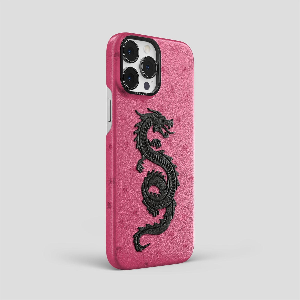 Petal Pink iPhone 13 Pro Max Classic Case Ostrich with Black Metal -2 | Petal-Pink-Black