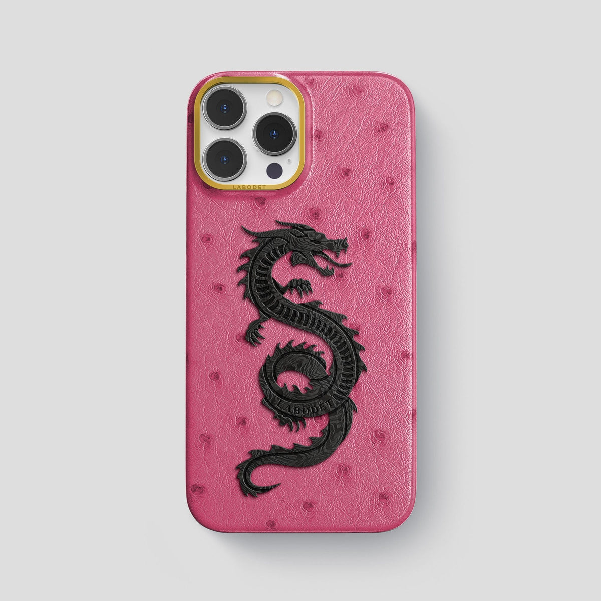 Petal Pink iPhone 13 Pro Max Classic Case Ostrich with Gold Metal -1 | Petal-Pink-Gold