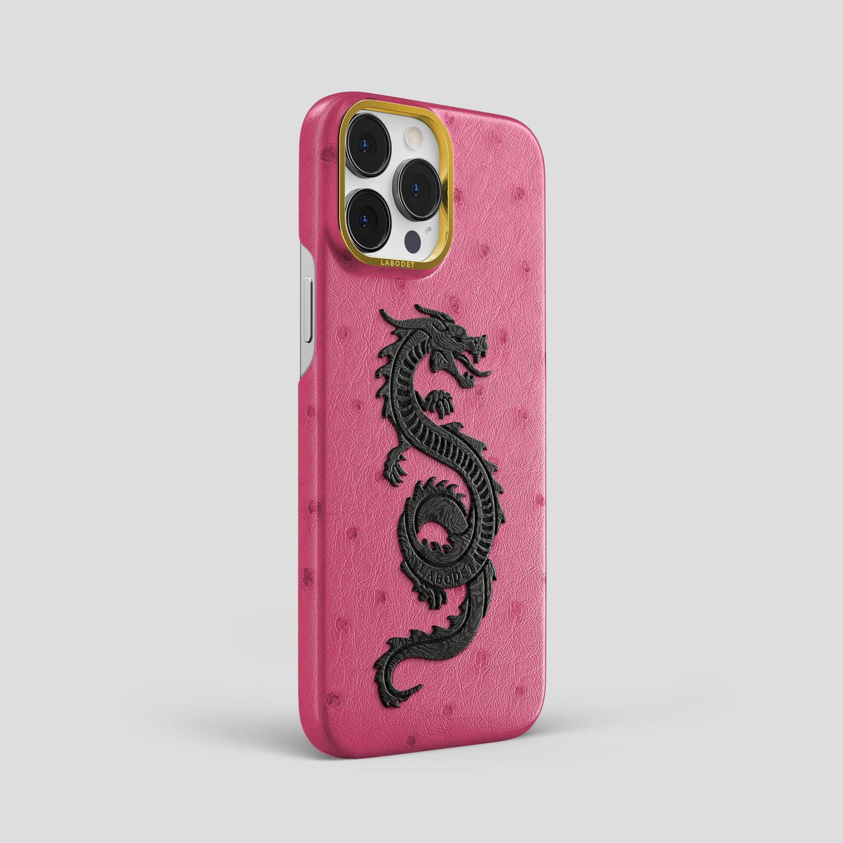 Petal Pink iPhone 13 Pro Max Classic Case Ostrich with Gold Metal -2 | Petal-Pink-Gold