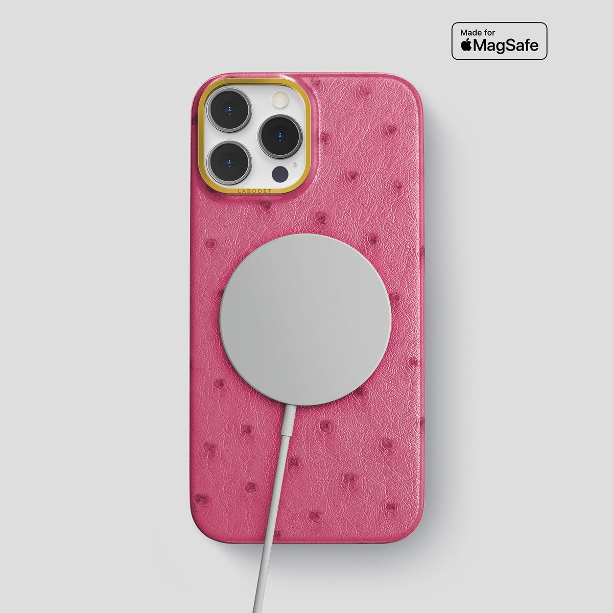 Petal Pink iPhone 13 Pro Max Classic Case Ostrich with Gold Metal -5 | Petal-Pink-Gold
