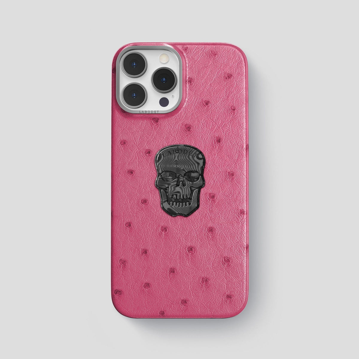 Petal Pink iPhone 13 Pro Classic Case Ostrich with Steel Metal -1 | Petal-Pink-Steel