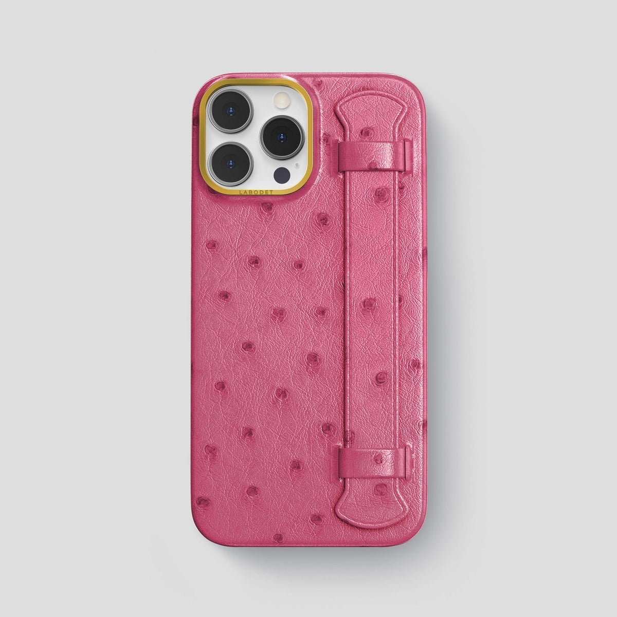 Petal Pink iPhone 13 Pro Max Handle Case Ostrich with Gold Metal -1 | Petal-Pink-Gold